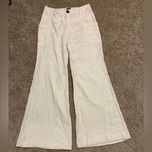 Anthropologie White Wide Leg Linen Blend Cargo Pockets High Waisted Pant Size 25